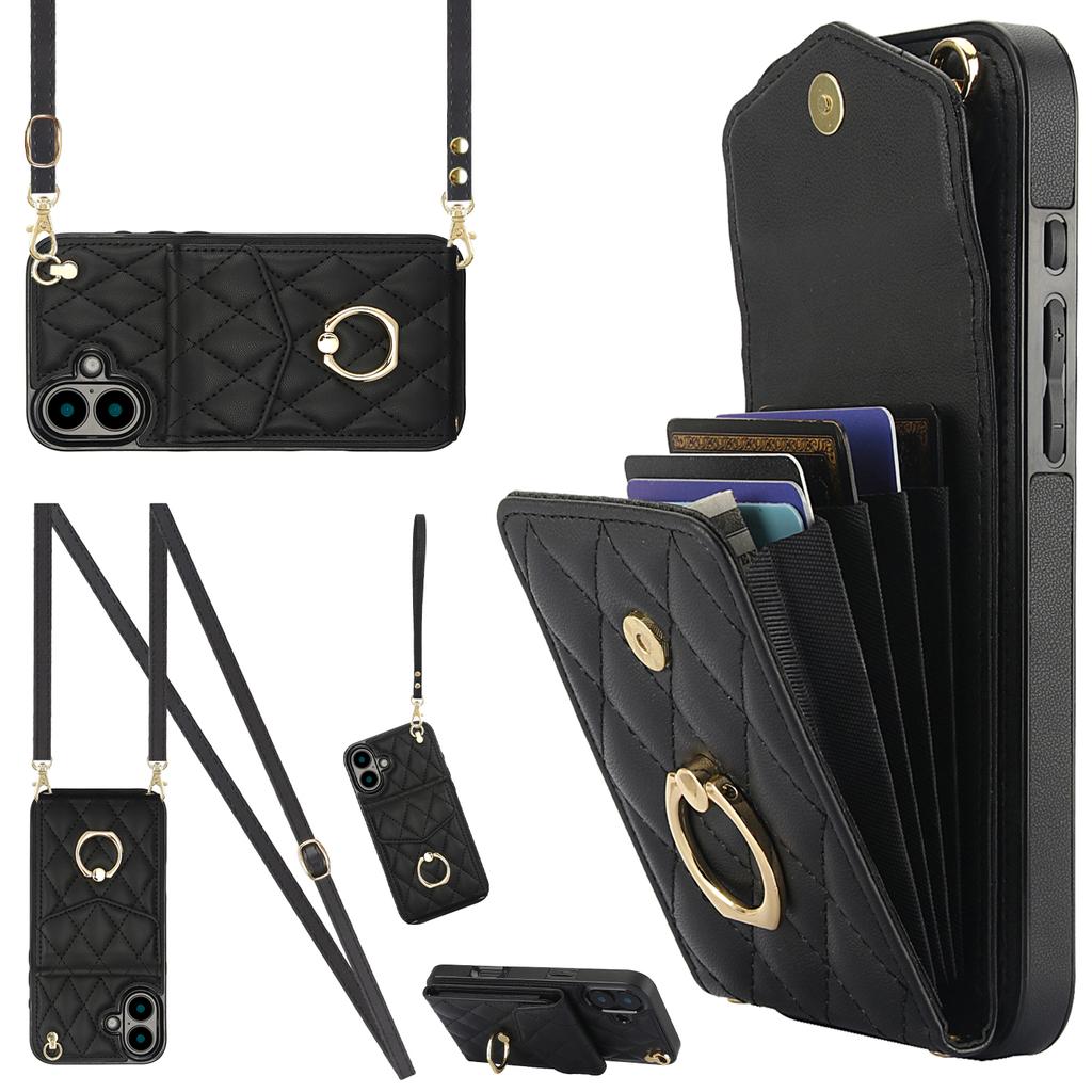 Pouzdro na iPhone 16 s kapsou na karty, kůže+TPU, crossbody kryt na telefon s kroužkem a stojánkem
