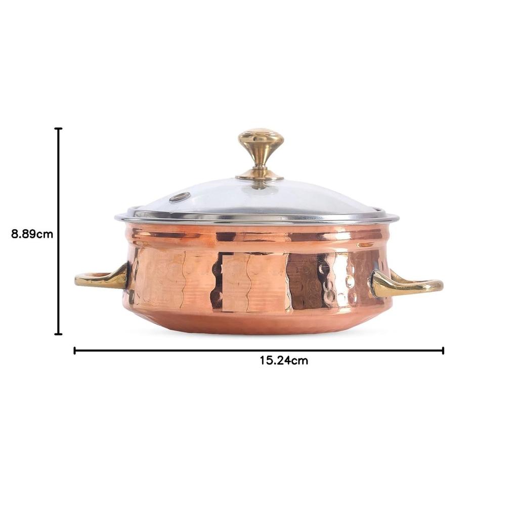 Steel Copper Handi Bowl with Glass Lid, for Serving Dishes, Tableware, Kitchenware for Home and Restaurant 500 ML