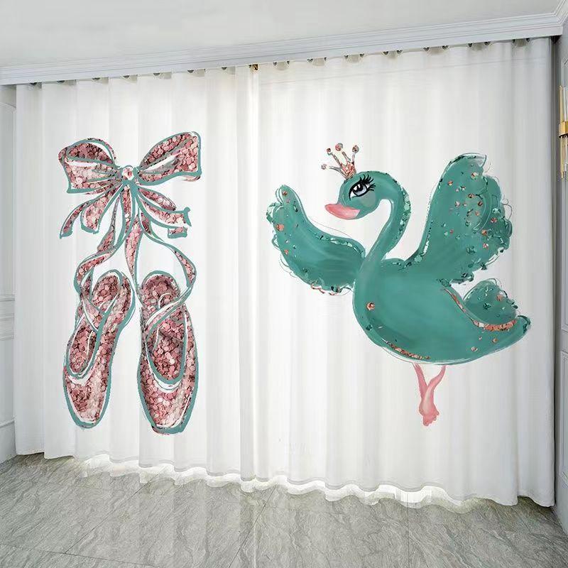 Cartoon Ballet Cute Unicorn Swan Pink Princess Girl Window Curtains for Kids Bedroom Living Room Kitchen Door Home Decor 2Pieces