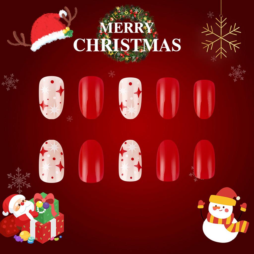 24Pcs Christmas Press On Nails Short Almond French Tips Stick On Nails Gloves Designs Full Cover Acrylic False Nails
