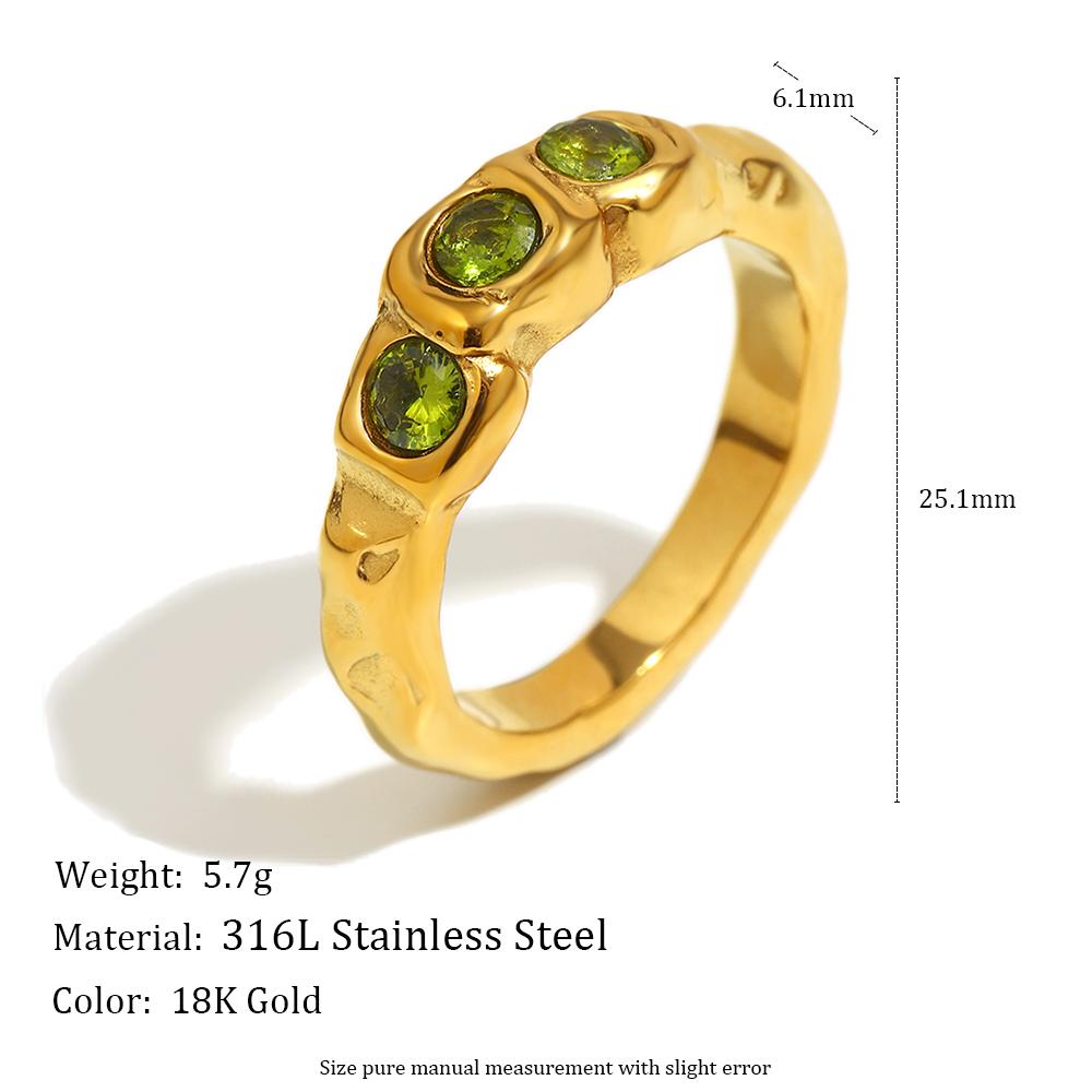 

E.B.belle New Vintage Style Three Green Zircon Ring PVD Plated 316L Stainless Steel Simple Women Statement Finger Chic Jewelry 6 золотой