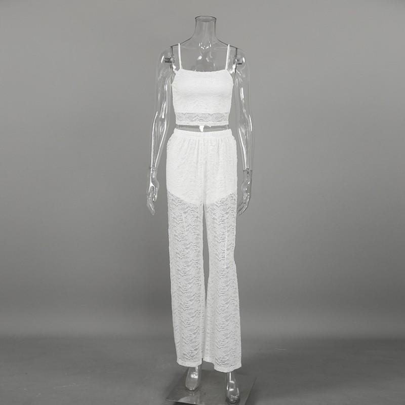 Womens 2026 Elegant White Lace Camisole Top Wide Leg Pants 2 Piece Set Casual Office Date Outfit