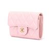 CHANEL 24K Classic Style Vertical Gold Label Double C Logo Quilted Pattern Shiny Grain Calfskin with Gold Metal Card Holder for Women Pink