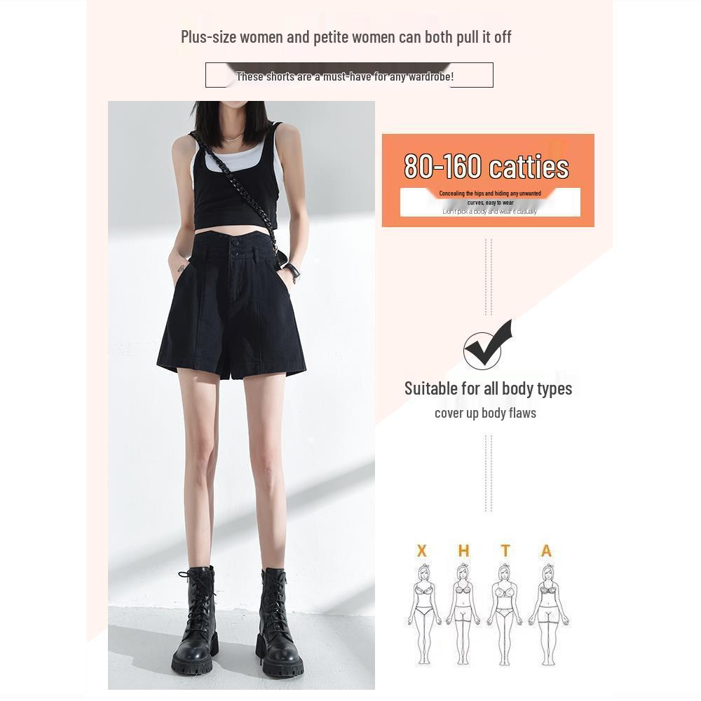 Women's Black Denim High-Waist A-Line Shorts - Spring 2026, Slimming, Plus Size, Trendy, Loose Fit.