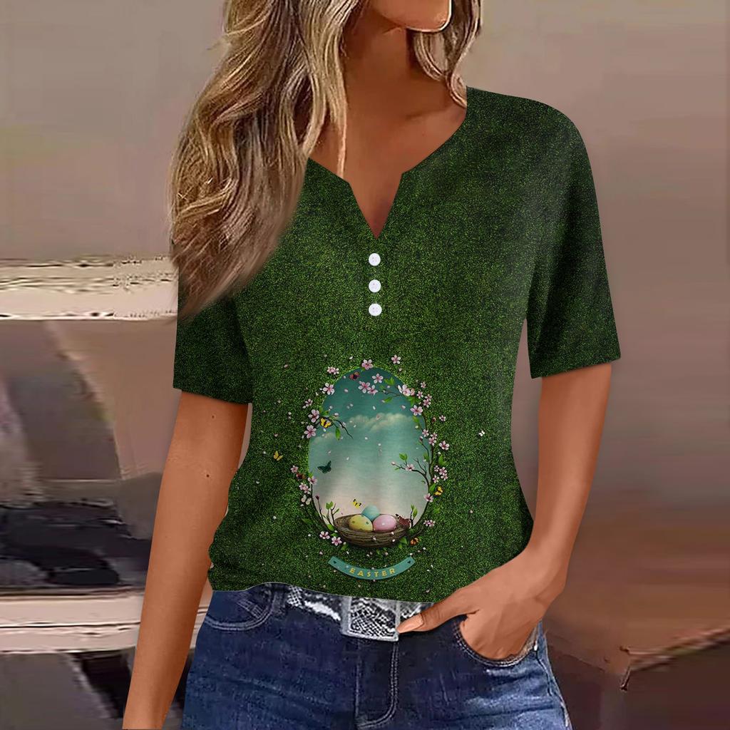 Women's Fashion Casual Easter Printed V-Neck Short Sleeve Decorative Button T-Shirt Top