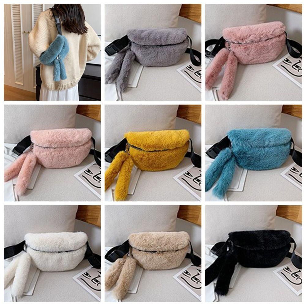 

Мех кролика из искусственного меха нагрудная сумка с кроличьими ушками, пуховая поясная сумка, модная плюшевая сумка через плечо для покупок