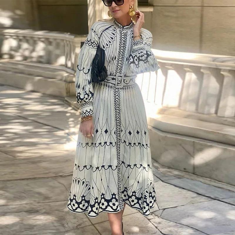 

Платье миди с принтом и длинными рукавами-фонариками, женское однобортное уличное платье А-силуэта с высокой талией 2XL белый