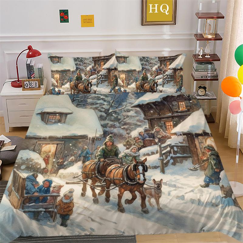 Christmas Snow Scene 3D Printed Polyester Pillowcase Quilt Cover Two Or Three Piece Set