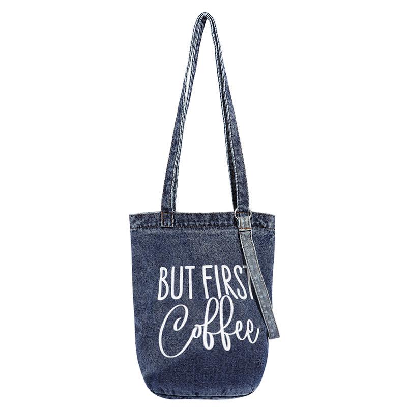 Retro Washed Denim Crossbody Handbag - Large Capacity, Printed Single-Shoulder Bag