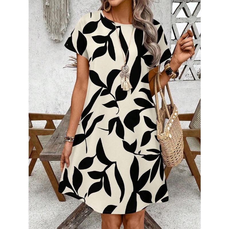 Women's Casual Geometric Print Short Sleeve A-Line Dress, Summer Boho Style