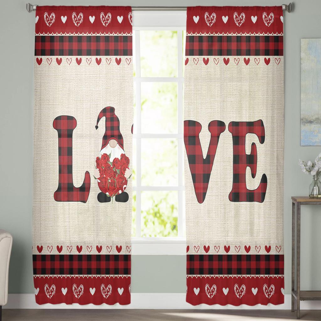 Valentine 'S Day Gnome Tulle Curtains For Living Room Kitchen Sheer Voile Curtain Bedroom Window Panels