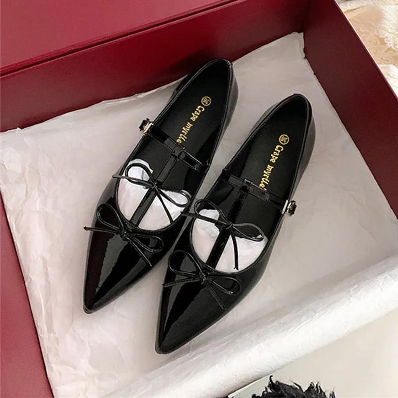 Fashion Red Patent Leather Pointed Toe Mary Jane Shoes for Women Elegant Bow Decoration Women Pumps High Quality Cozy Flats for Women
