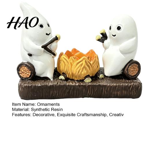 Night Atmosphere Light Base Cute Ghost And Bonfire Figurine, Resin Campfire Ornament for Halloween Tabletop Gift Friends Decor, Cartoon Double Statue