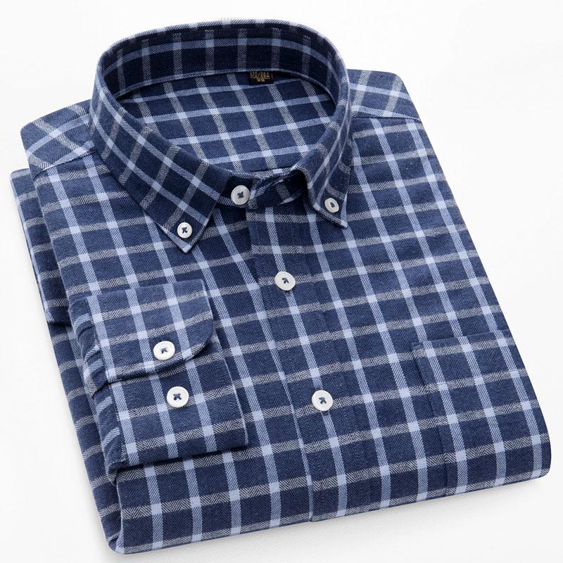 New Pure Cotton Brushed Men Casual Plaid Shirts Long Sleeve Soft Autumn Checked Design Business Male Tops with Pocket