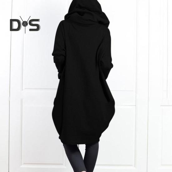 Sweat-shirt à capuche à manches longues pour femme, manteau à fermeture éclair, grandes poches, faux deux pièces, couleur unie, veste à capuche mi-longue