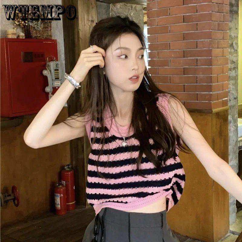 Women Sweater Vest Y2K Aesthetic Sleeveless Striped Cute Vintage Knitted Vest Spring Autumn Casual Waistcoat Knitwear