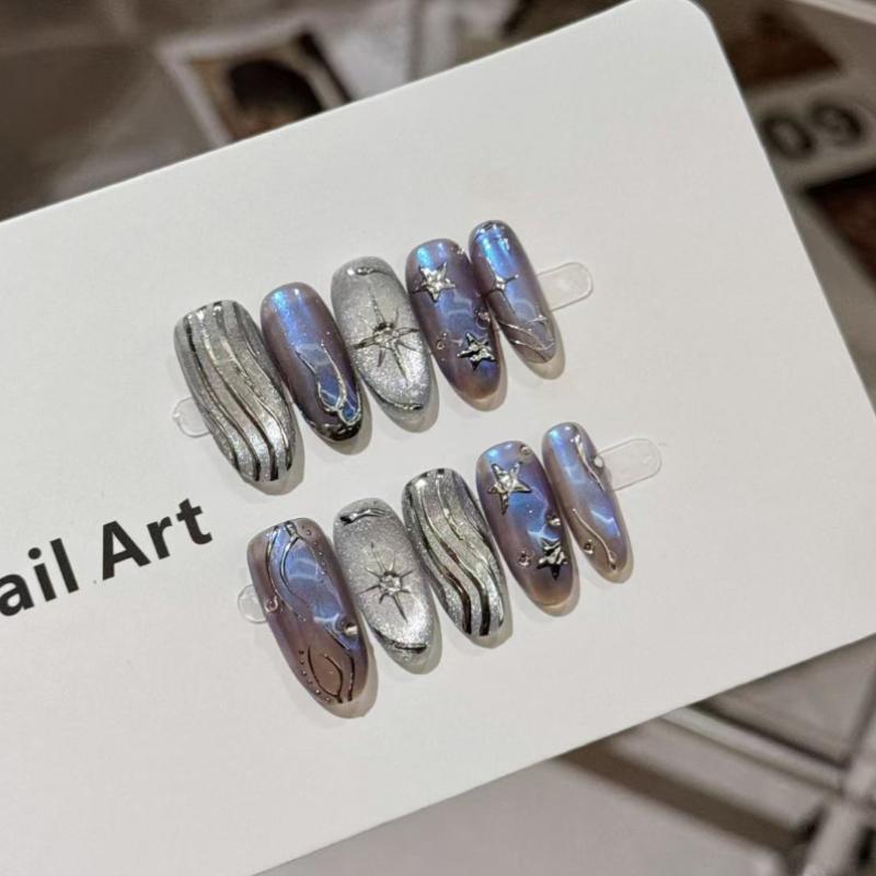 10Pcs Silver Blue Press on Nails - Star & Iridescent Glitter Fake Nails XS