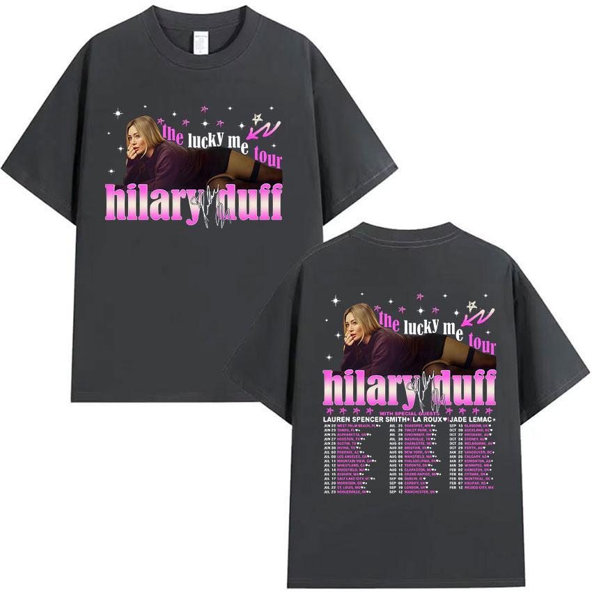 Hilary Duff The Lucky Me Tour 2026 Print T-shirt Unisex Dames Pop Fans Mode Korte Mouw T-shirt 100% Katoen T-shirts Streetwear