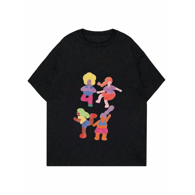 Colorful Cartoon Characters Sports-Style Printed Black Women's Short-Sleeve T-Shirt