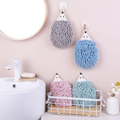 2Pcs Cute Hedgehog Hand Towel Coral Velvet Cartoon Animal Design with Hanging Rope Absorbent Bathroom Towel