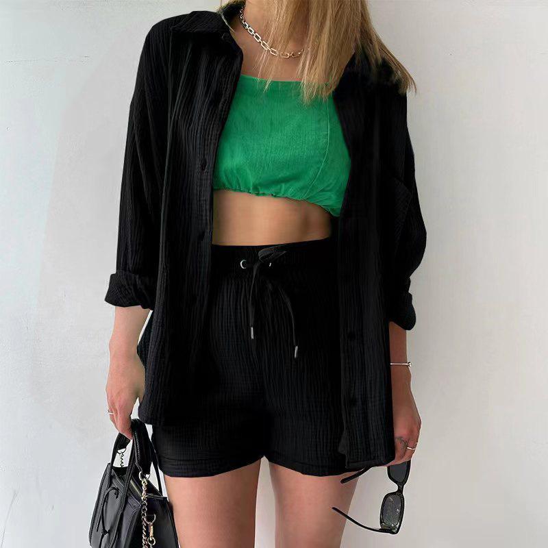 European and American Women's Crinkle Lapel Shirt & High Waist Shorts Two-Piece Set