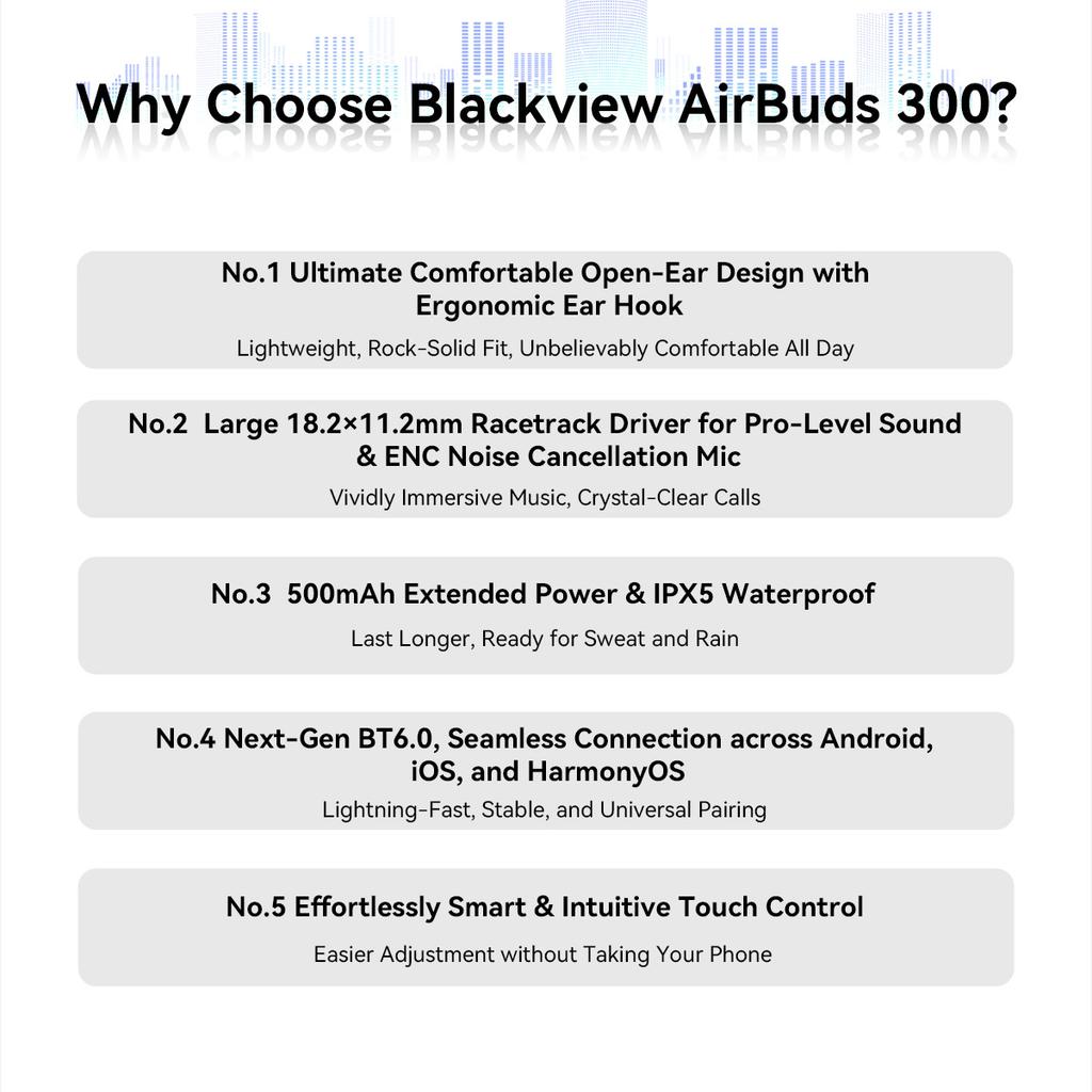 Blackview AirBuds 300 Wireless Bluetooth 6.0 Headphones Open Ear Sports Headphones