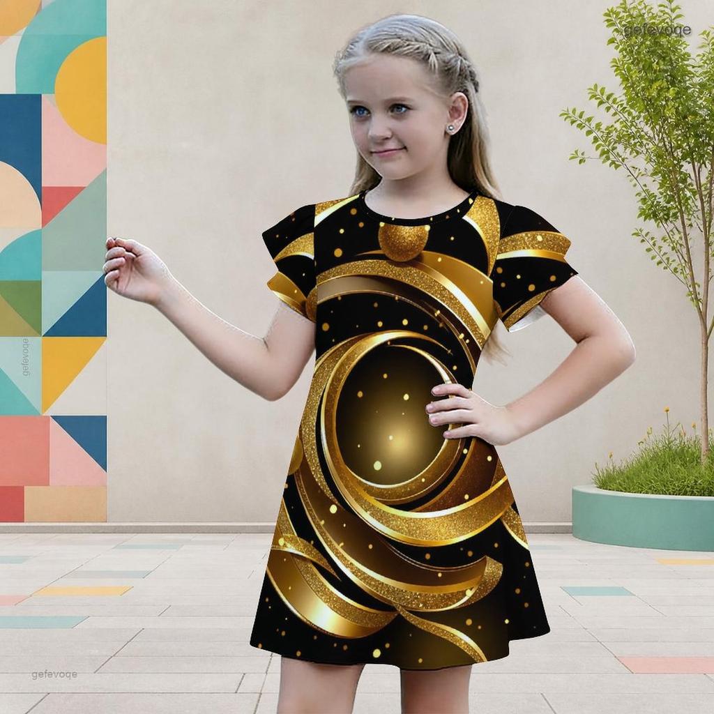 Girls Round Neck Flutter Sleeve Black Tree Floral Printed A Line Flared Dress