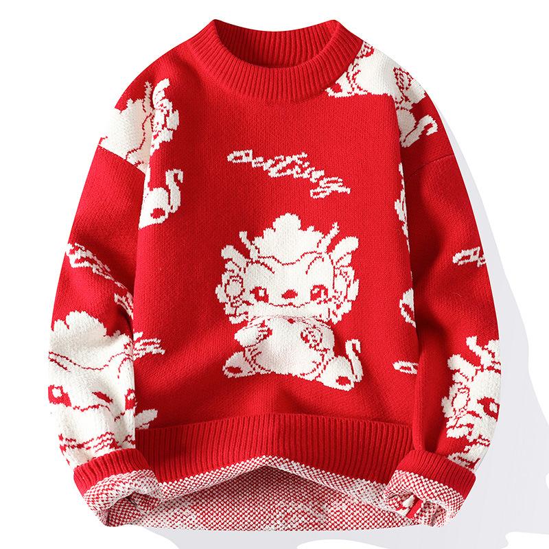 

- Autumn and winter new Chinese red sweater knit men s thickened sweater 4xl червоний