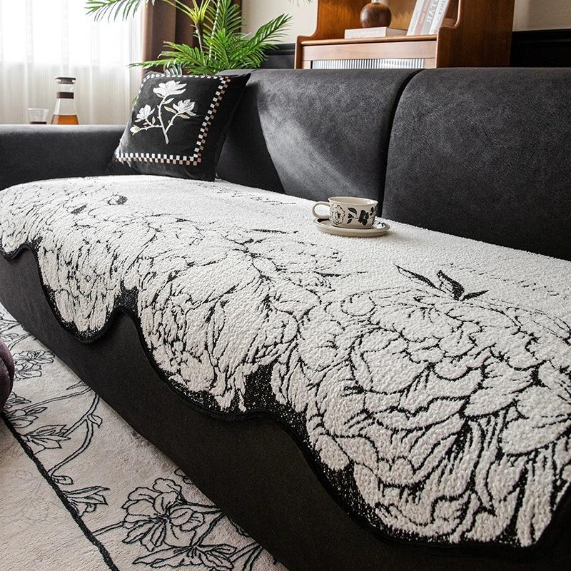 French Camellia Sofa Cushion Special-Shaped Four-Season Universal New High-Grade Leather Sofa Cover, Non-Slip Seat Cushion Cover