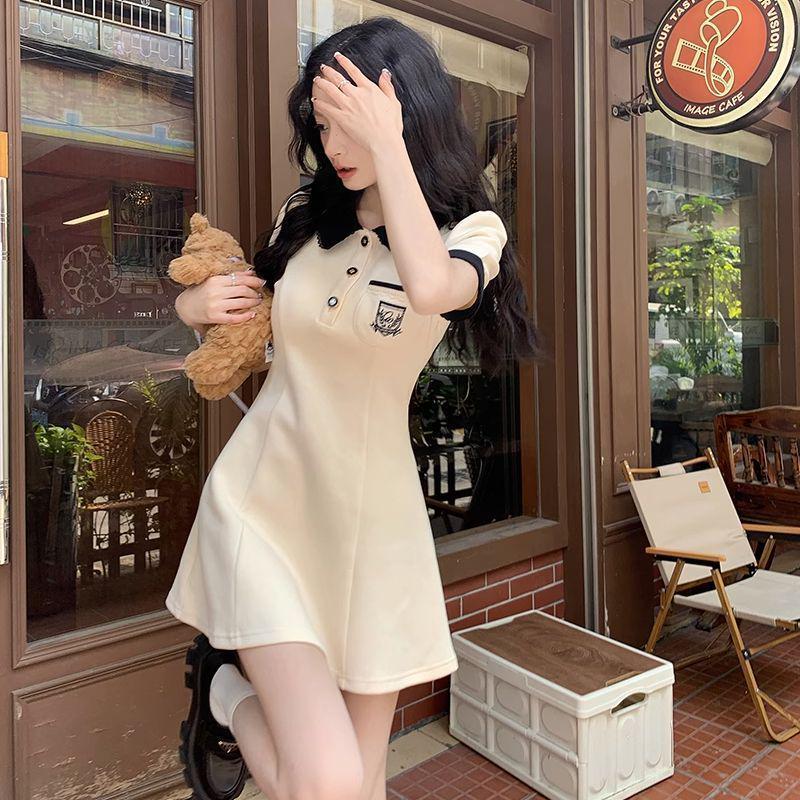Summer Hepburn Style A-Line Polo Collar Dress - Women s Slimming Short Sleeve Skirt XXL абрикосовый