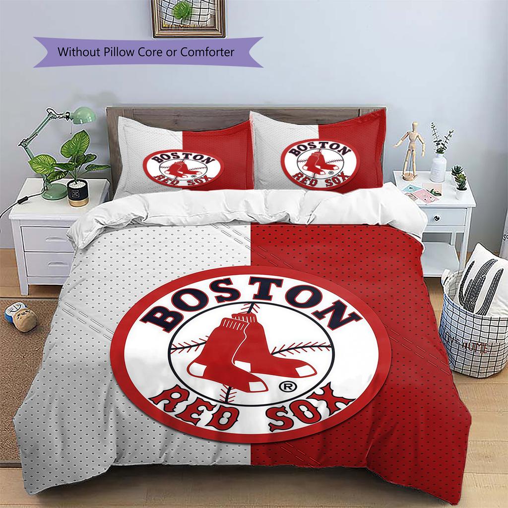 Boston Red Sox Pattern Bedding Quilt Set  Home Decoration  Gift (1 * Duvet Cover + 2 * Pillowcase  Without Core)