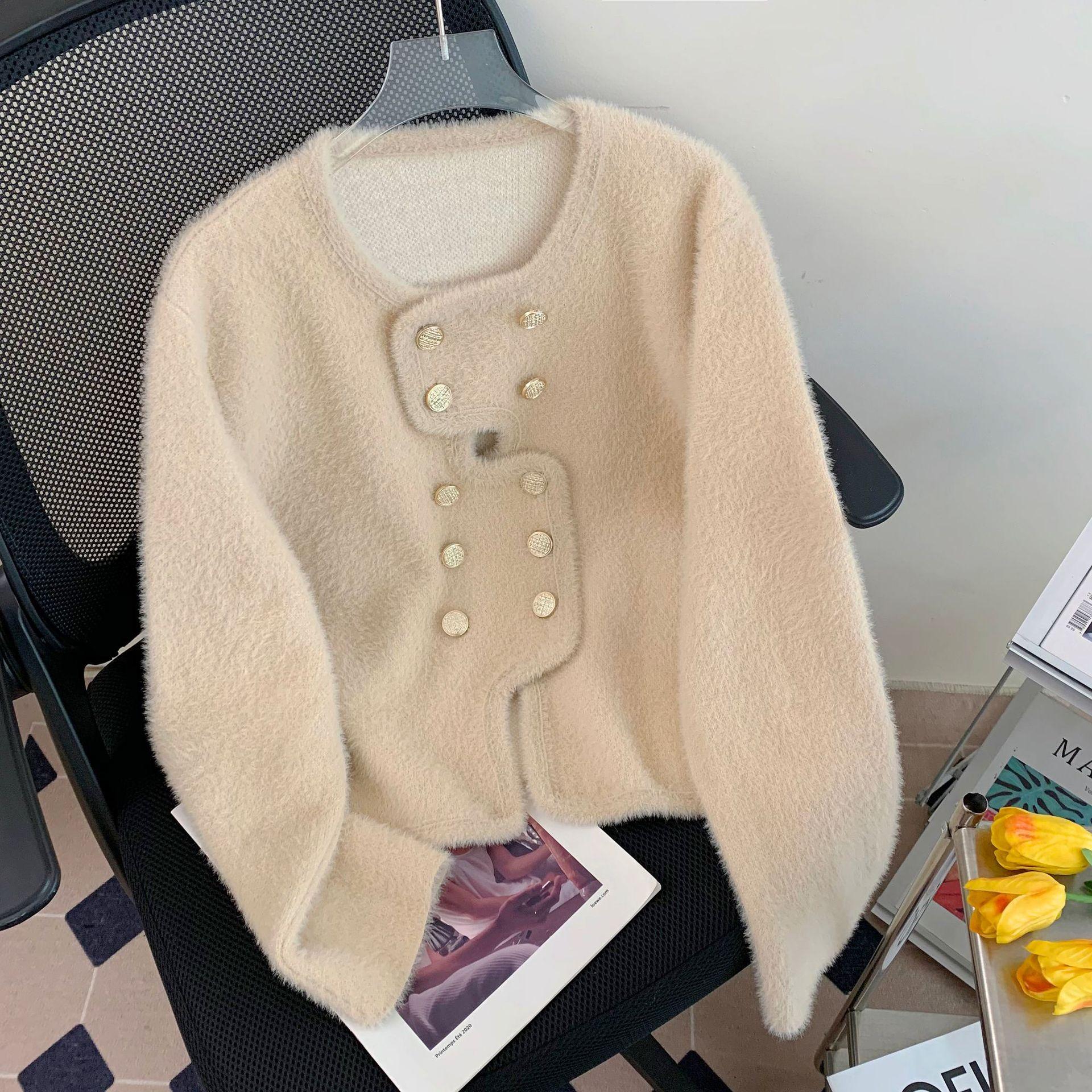 

Осенне-зимний женский модный универсальный вязаный свитер, двубортный маленький вязаный кардиган с ароматным ветром One Size абрикосовый