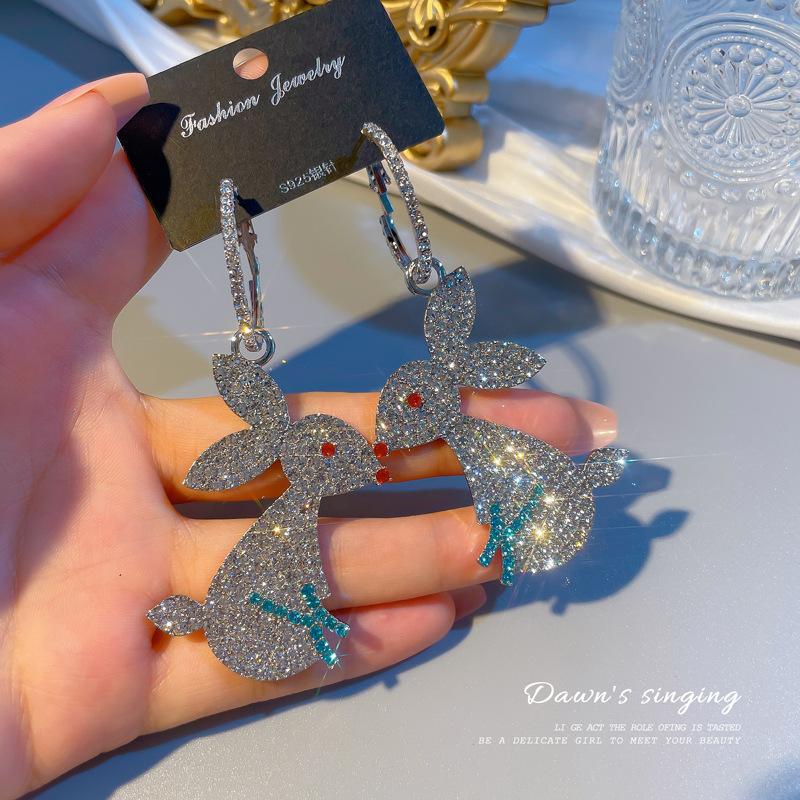 Hip Hop Punk Rabbit Bunny Dangle Drop Earring Clip  Full Zircon Jewelry Women Prevent Allergy