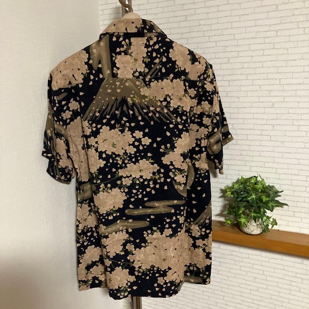 Used Style Aloha shirt silk Japanese pattern cherry blossom Mount Fuji moon