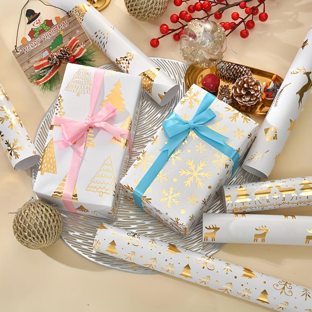 6pcs Elegant Christmas Gift Wrapping Paper with Golden Reindeer&Tree Design- Sparkling Foil Accents,Perfect for Holiday Presents
