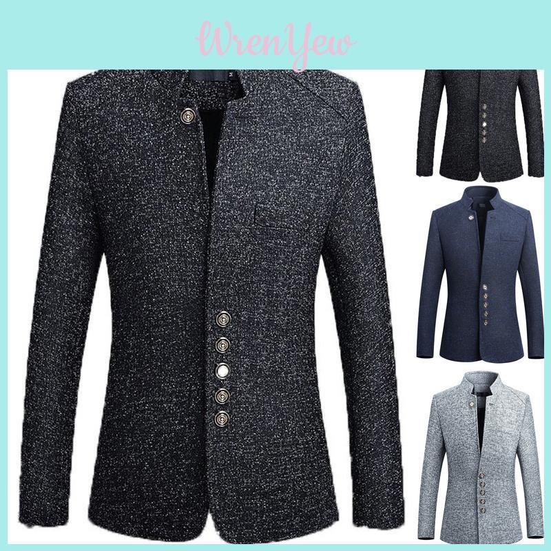 Elegant Mens Single Breasted Stand Collar Jacket Chinese Tunic Suit Business Blazer
