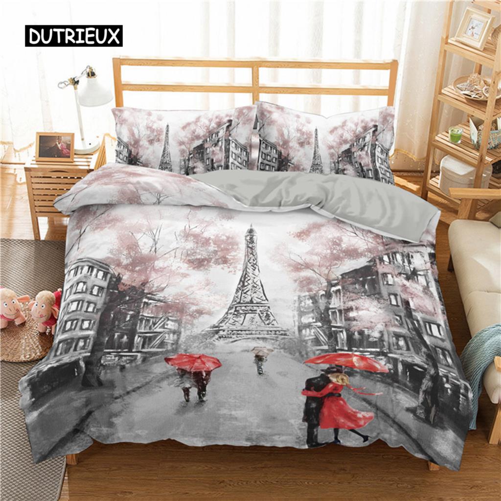 France Eiffel Tower Duvet Cover Romantic Couple Comforter Cover Microfiber France Paris Cityscape Bedding Set For Adults Decor