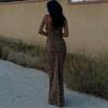 Fashion Sleeveless Leopard Print Suspender Dress One-word Collar Strap Sexy Women Backless Elegant Party Maxi Long Dresses Streetwear Women Clothing