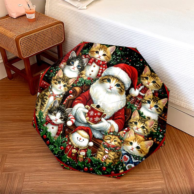 

1 PC Automatic Folding Umbrella - Cats and Santa Claus Pattern, Portable & Foldable Design with 8 Ribs, Christmas Birthday Gifts