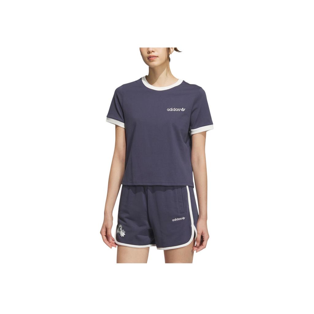 Adidas Originals Retro Camp Graphic Simple Round Neck Pullover Short Sleeve T-Shirt Women T-Shirts Dark-Blue JM7973