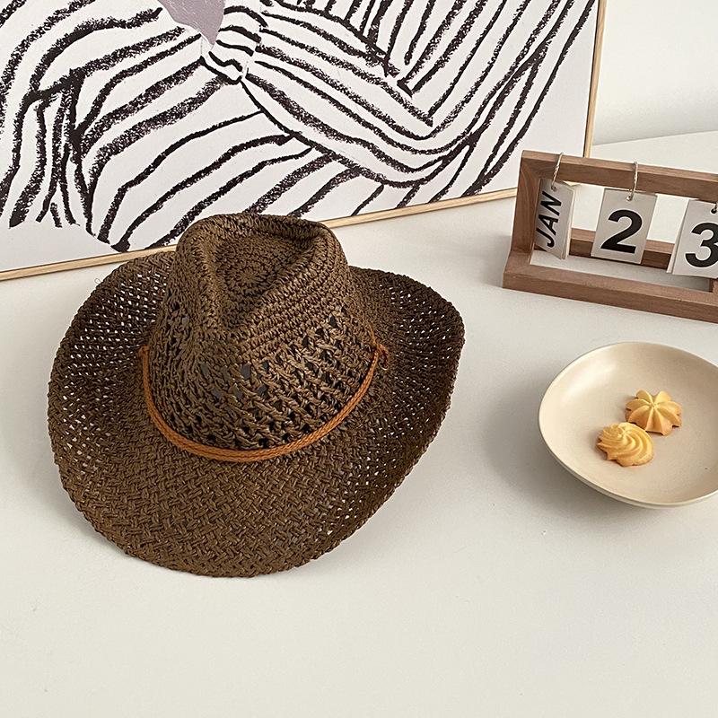 Западная ковбойская джазовая ажурная соломенная шляпа для женщин, летняя пляжная шляпа, британская французская ретро ручная работа, плетеная шляпа Adjustable коричневый