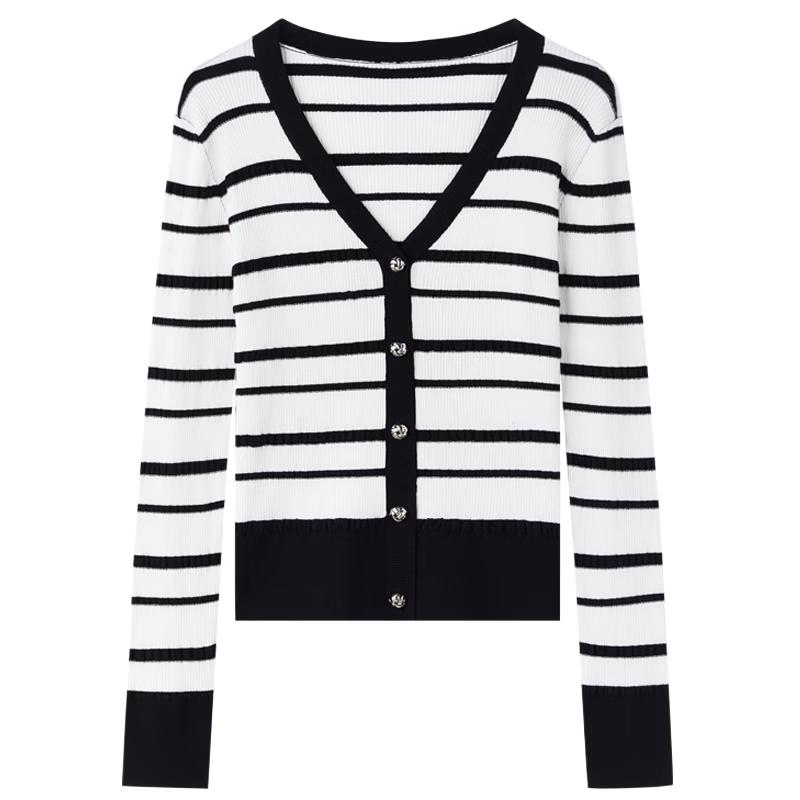 Qiusui Yiren Women s Classic Black & White Striped V-Neck Knit Cardigan XL