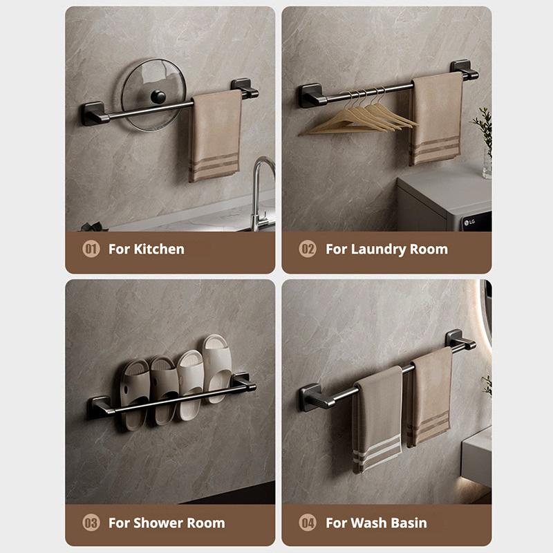 Self-Adhesive Bathroom Towel Rack Holder Without Drilling Kitchen Cabinet Dishcloth Rack Black Aluminum Hand Towel Hanger Rod