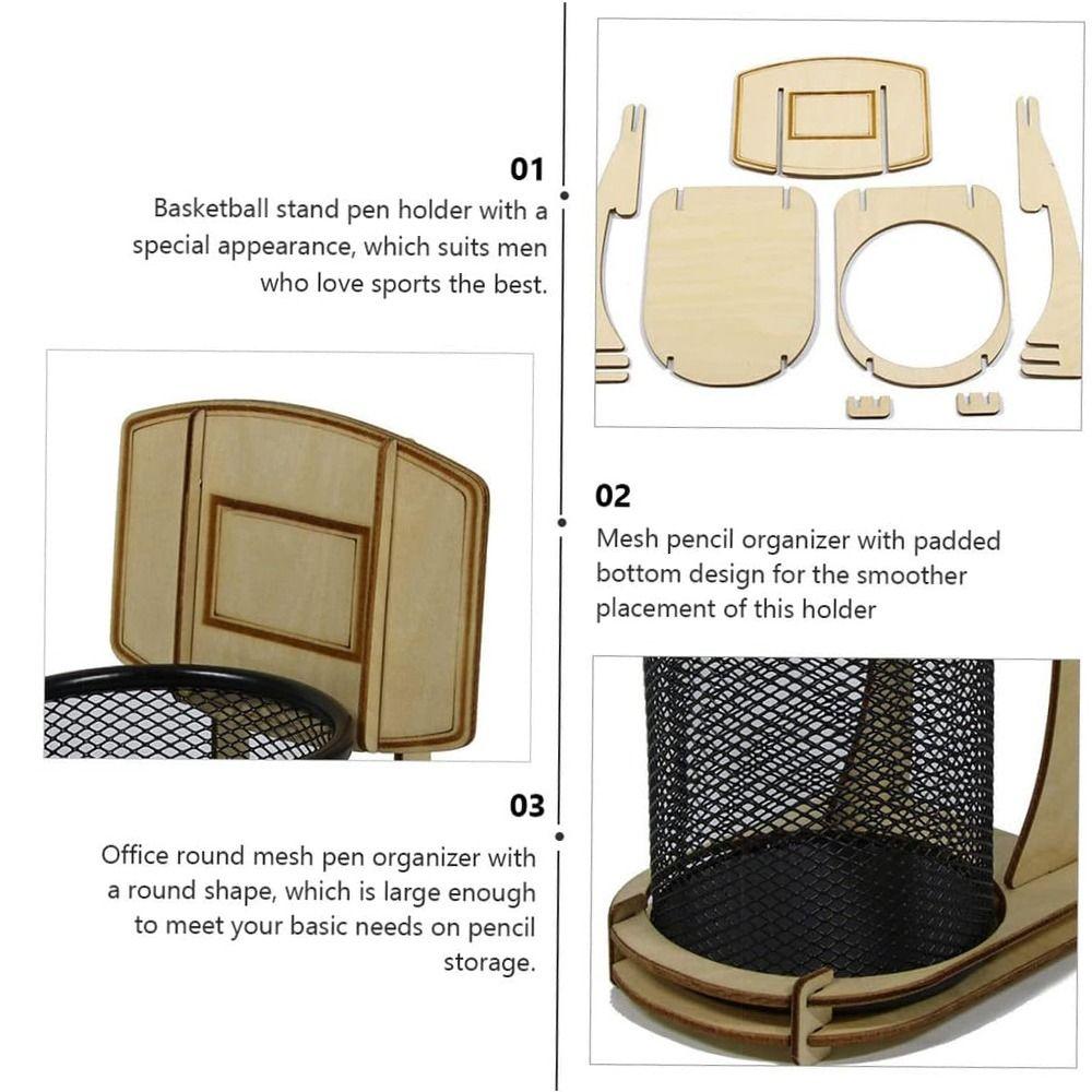 Household Mesh Pen Holder Wooden Frame Cosmetic Brushes Shelf  Table Storage Supplies