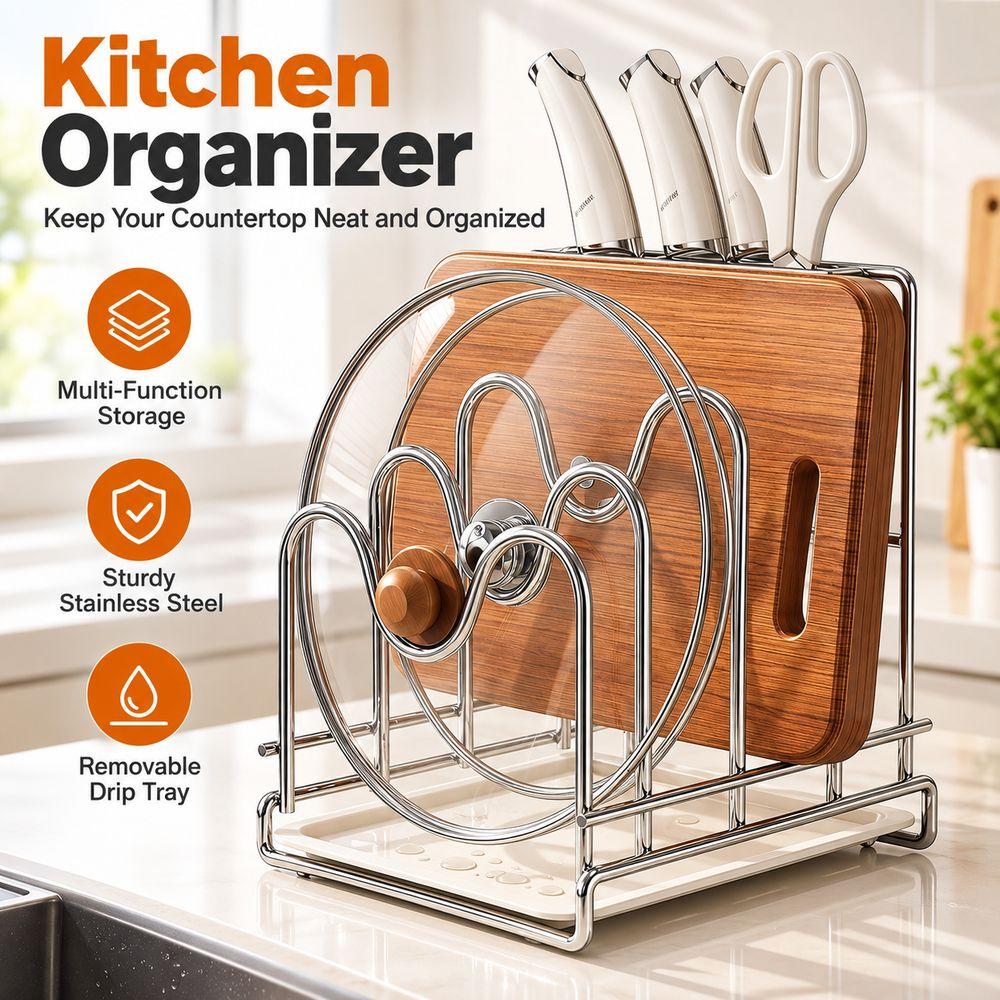 M-Shaped Slots Pot Lid Rack Stainless Steel Cutting Board Rack  Kitchen Countertop