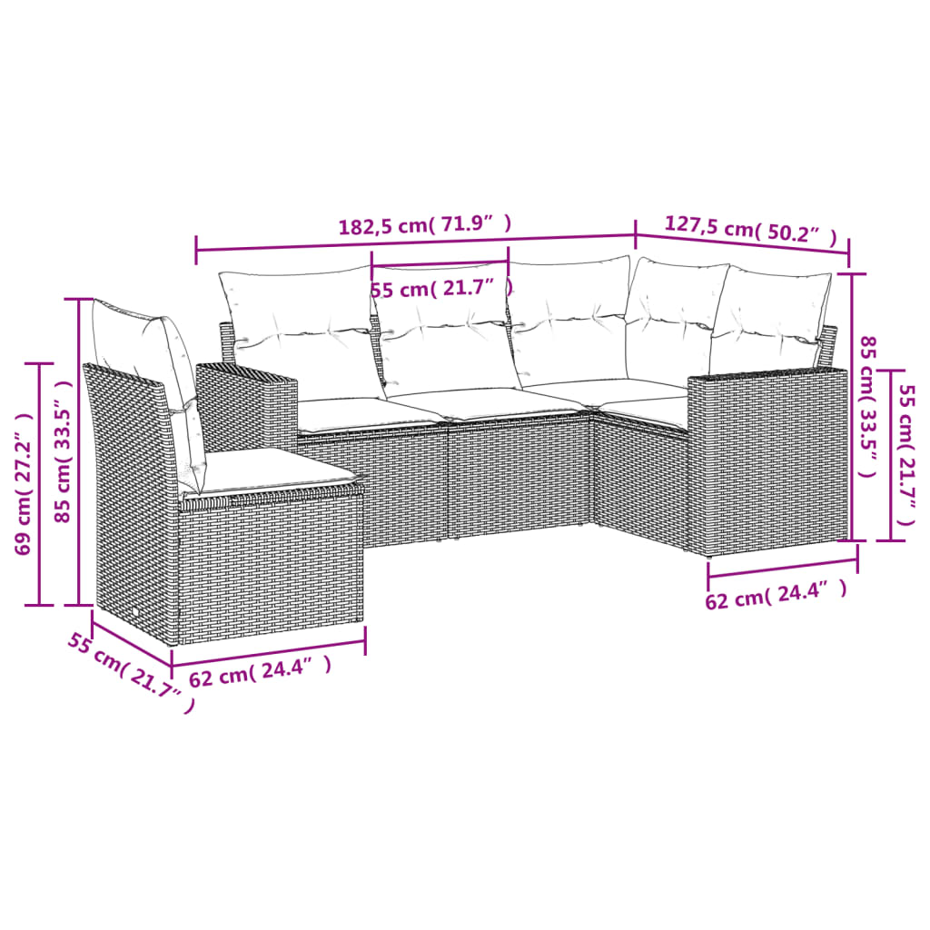 Vidaxl 5-Cz. Set da Giardino, Cuscini, Rattan PE Grigio
