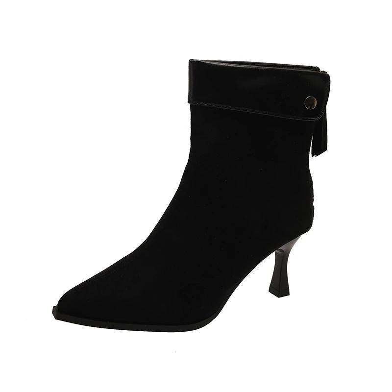 Moda Koreańska Moda Botki Damskie Wysokie Obcasy 2025 Jesień i Zima Nowe Zamszowe Wszechstronne Szpiczasty Nosek Klockowy Obcas Panterka Botki