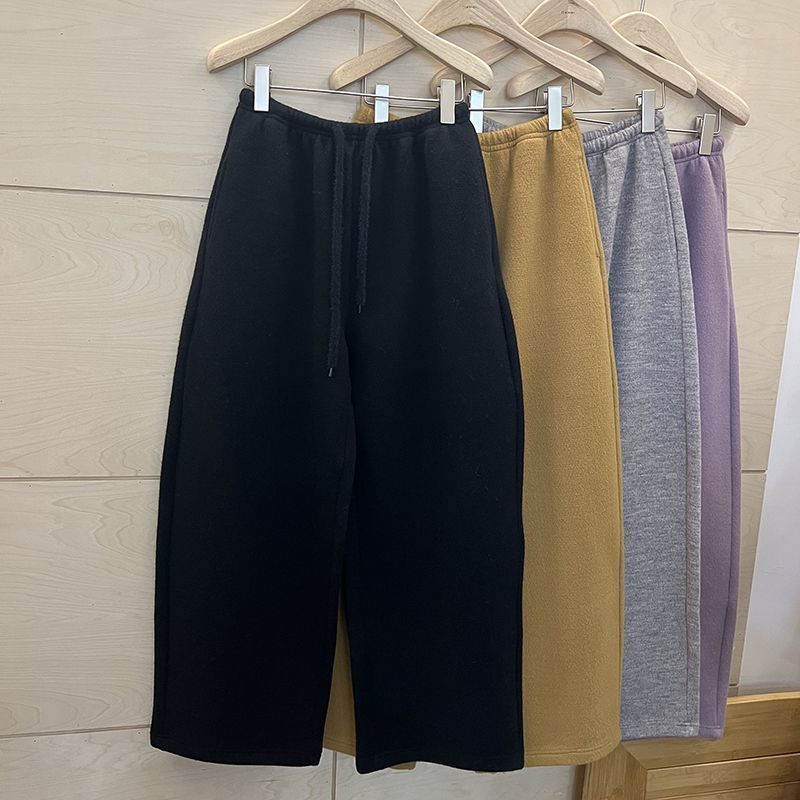 Pants for Women Plus Size Thickened Stretchy Elastic High Waist Long Trousers Solid Colour Fleece Casual Wide Leg Pants