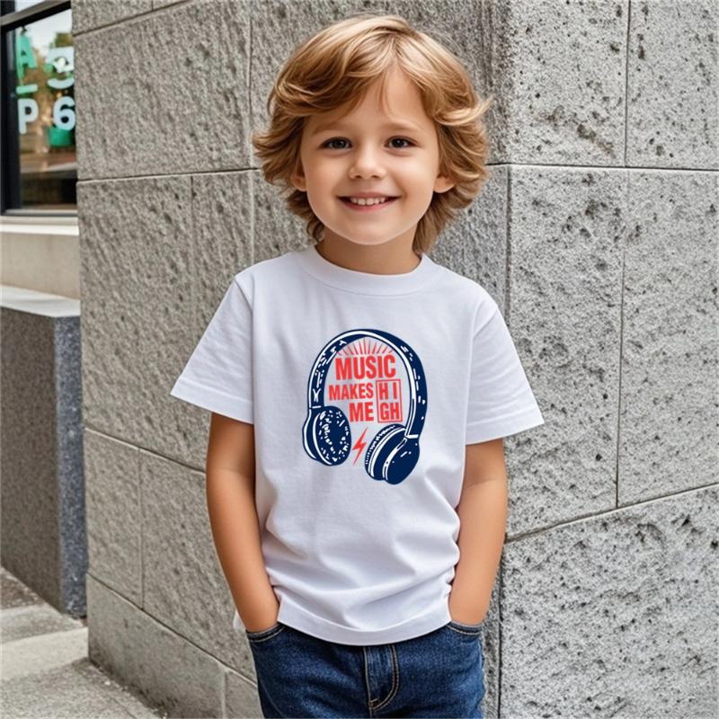 T-shirt à Manches Courtes en Coton pour Enfants avec Imprimé Graphique Écouteurs de Musique pour Ados Vêtements d'Été Décontractés à la Mode pour Garçons et Filles