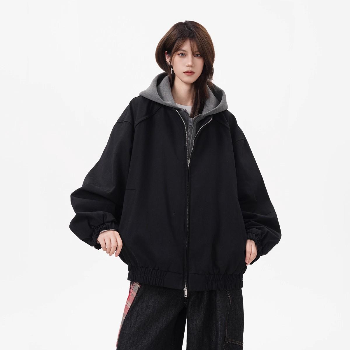 Unisex Black Patchwork Hooded Cotton Jacket - Winter Heavyweight, Loose Fit for Couples L